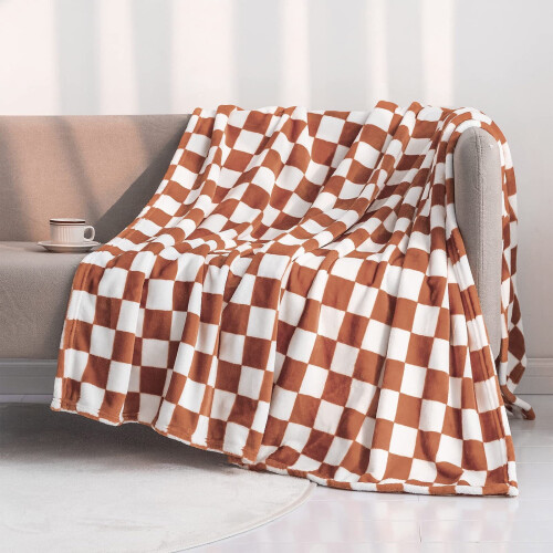Checkered Flannel Blanket, Brown, 100 x 70 cm