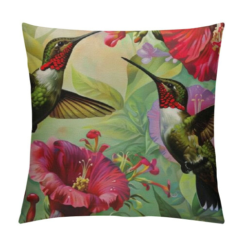 Short Plush Pillowcase with Hummingbird Floral Design