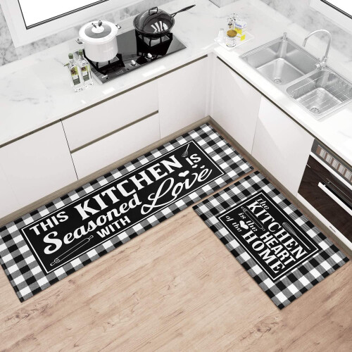 Buffalo Plaid Kitchen Rug Set Black White 2 pcs 1