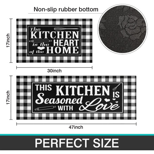 Buffalo Plaid Kitchen Rug Set Black White 2 pcs 2