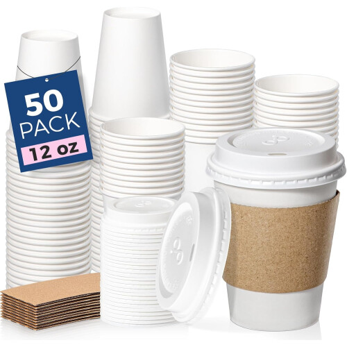 Gobelets à café jetables avec couvercles et manchons (50 pièces)