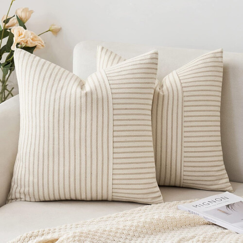 Khaki beige patchwork linnen kussenhoezen (2 stuks)
