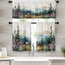 Keukengordijnenset met aquarelbloemenmotief, 3-delig