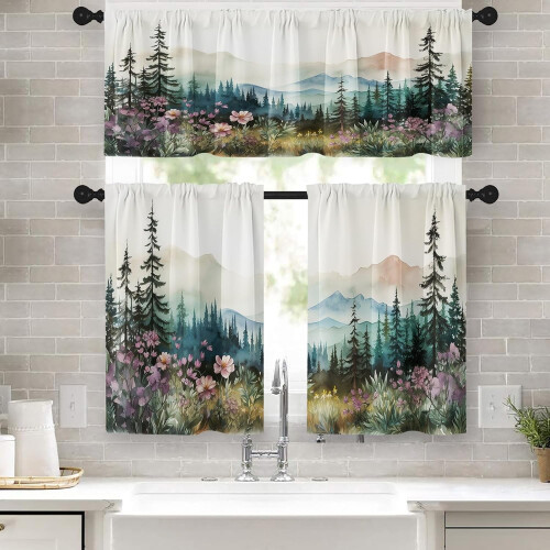 Watercolour Floral Kitchen Curtains Set 3-Piece