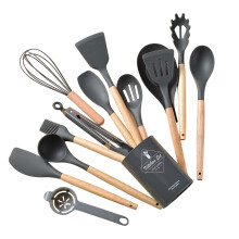 14-Piece Silicone Kitchen Utensil Set with Wooden Handles