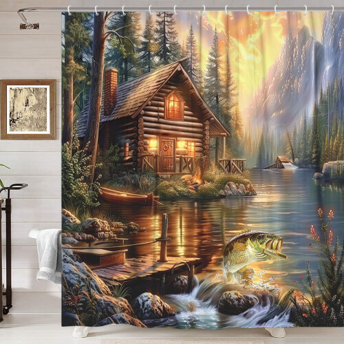Rustic Cabin Shower Curtain 60x70in with 12 Hooks