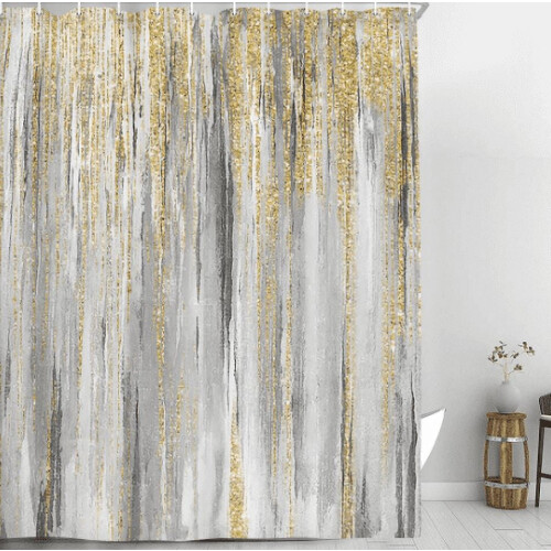 Abstract Stripe Shower Curtain with Hooks, Gray & Yellow