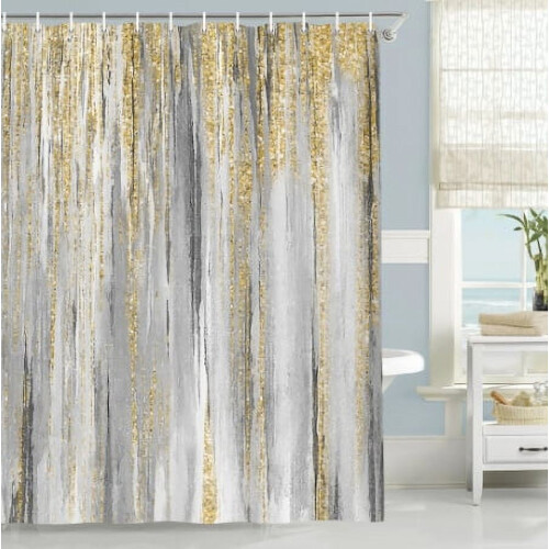 Abstract Stripe Shower Curtain with Hooks, Gray & Yellow 1