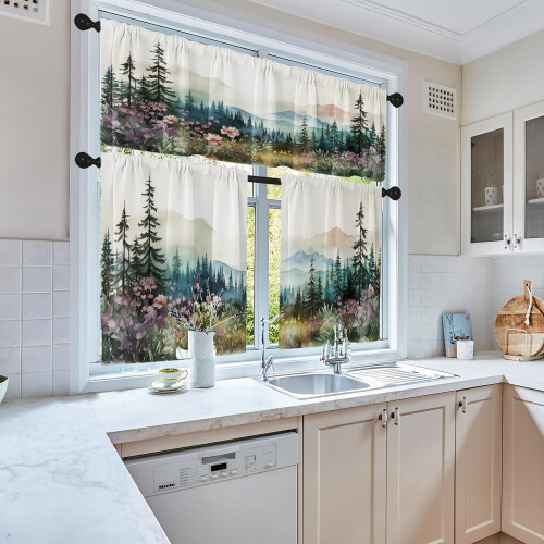Watercolour Floral Kitchen Curtains Set 3-Piece 1