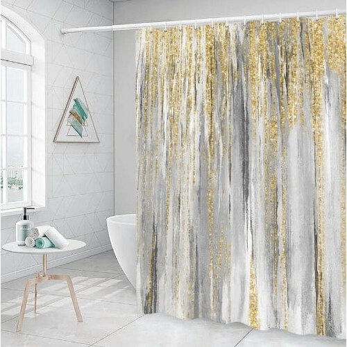 Abstract Stripe Shower Curtain with Hooks, Gray & Yellow 2