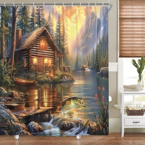 Rustic Cabin Shower Curtain 60x70in with 12 Hooks 1