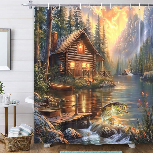 Rustic Cabin Shower Curtain 60x70in with 12 Hooks 2