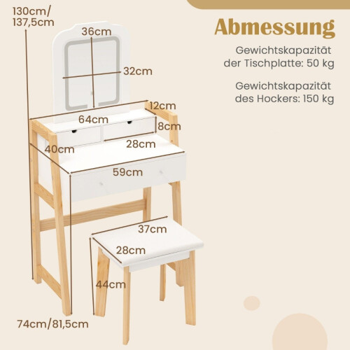 Wood Vanity Table with Mirror, Stool & 3 Drawers, White 1