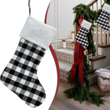 Large White & Black Plaid Christmas Stocking, 19", Buffalo Check Hanging Decor, Personalized Holiday Tree Decoration