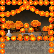 10ft Marigold Garland with 20 LED Lights & 30 Artificial Flowers – Diwali, Day of the Dead, Indian Halloween Decor