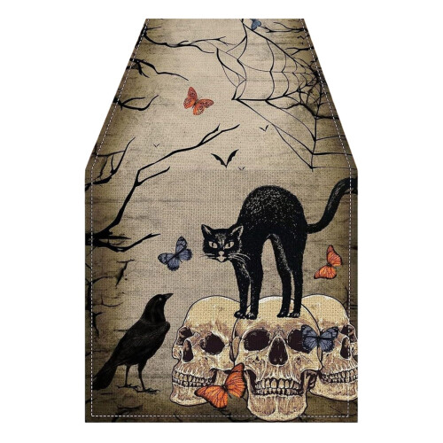 Halloween Table Flag with Skeleton Pumpkin Bat Design