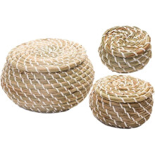 Natural Seagrass Round Storage Baskets with Lids (Set of 3)