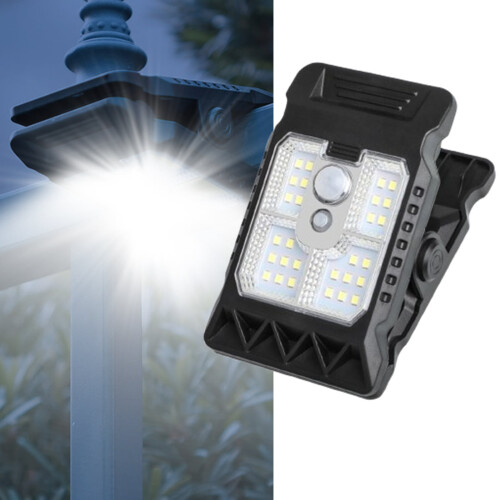 Luminária solar de LED com clipe, sensor de movimento, 3 modos e carregamento USB.