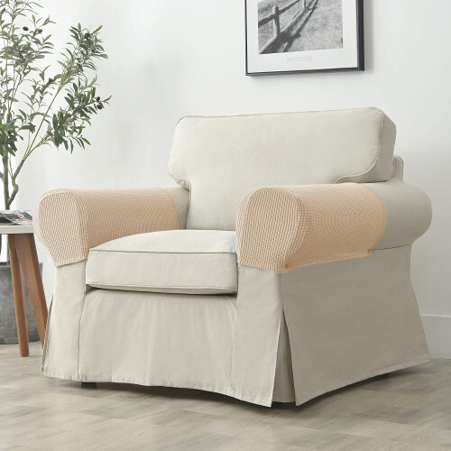 Set of 2 Jacquard Stretch Armrest Covers – Beige 1