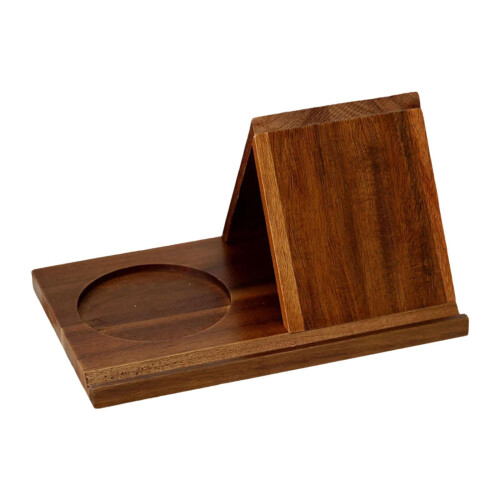 Suporte triangular de madeira para livros, ideal para leitura em mesa. 1