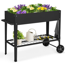 Jardinera metálica elevada con ruedas, estante y ganchos - Negra