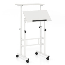Escritorio ajustable con ruedas, MDF blanco y acero