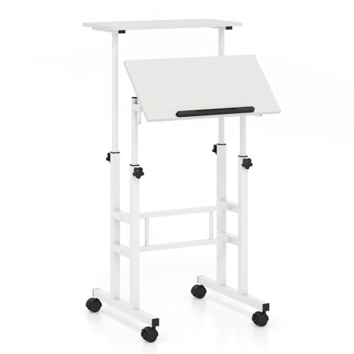 Escritorio ajustable con ruedas, MDF blanco y acero