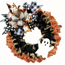 Couronne d'Halloween en toile de jute fantôme orange et noir 45 cm