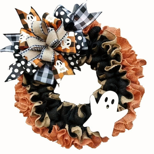 Guirlanda de Halloween de juta com fantasma laranja e preta, 45 cm (18 polegadas)