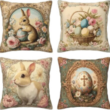 Easter Pillow Covers 18x18 Set of 4, Easter Bunny Floral Eggs Farmhouse Decorations Spring Holiday Decor Throw Cushion Case for Home Couch