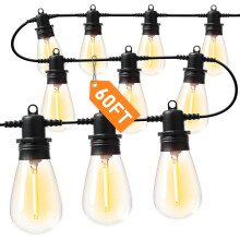 60FT LED Outdoor String Lights with 16+1 Shatterproof Edison Bulbs, IP65 Waterproof, 2700K Dimmable, Compatible with YANTONs