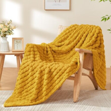 Mustard Yellow 3D Checkered Fleece Throw Blanket 50x60 in