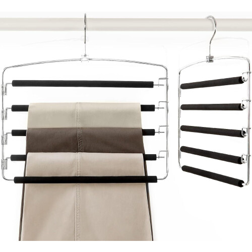 5-Tier Swing-Arm Pants Hanger – Metal, Space-Saving, Black