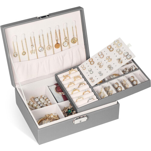 2-Layer PU Leather Jewelry Box with Lock – Gray