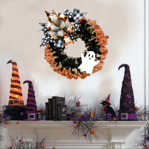 Guirlanda de Halloween de juta com fantasma laranja e preta, 45 cm (18 polegadas) 1