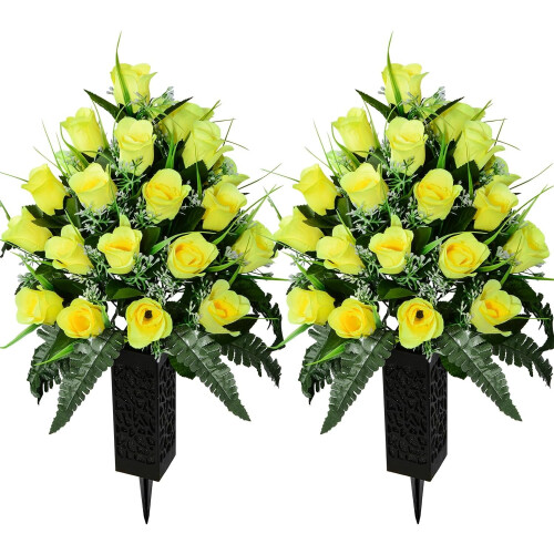 Artificial Rose Bouquet for Grave – Yellow & White, Set