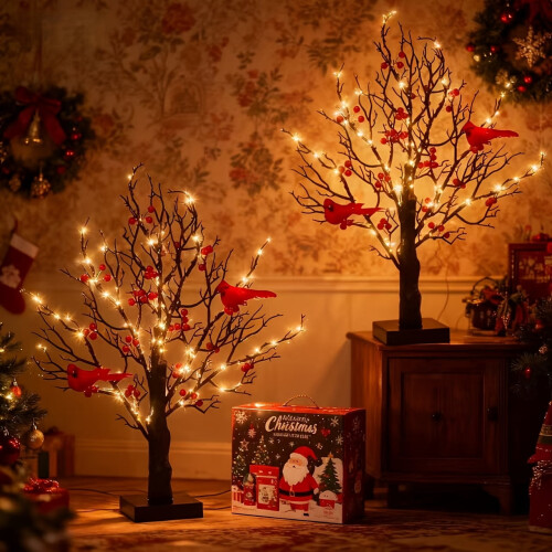 Retro Red Bird LED Tree Lights with Berries, 3xAA 1
