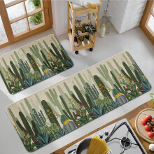 Green Linen Kitchen Mat Set 17x30+17x47 in Cactus Design