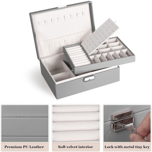 2-Layer PU Leather Jewelry Box with Lock – Gray 1