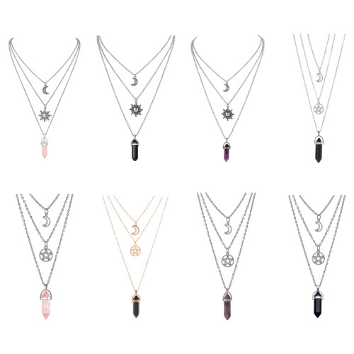 Triple Layer Sun Moon Necklace Gothic Crystal Pendant-ssss 2