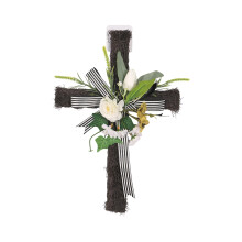 Easter Cross Wreath with Artificial Flowers, 18.1" Vintage Wall Hanging for Front Door, Farmhouse Spring Decor, Church Ornament, Holiday Gift