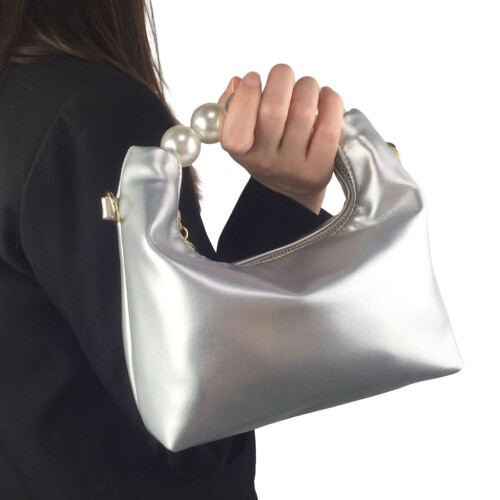 Bolsa de noite com pérolas e detalhes em couro PU, modelo transversal.