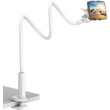 Gooseneck Phone Holder, 360 Flexible Stand with Long Arms Clamp, Compatible with iPhone 13 Pro to XR, 3.5–6.7" Devices (White)