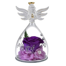 Estátua de anjo de vidro com rosa preservada, roxa, 7,4 x 7,4 x 12,4 cm