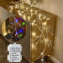 6FT Lighted Birch Garland, Battery-Operated, 48 Warm White & Multi-Color Lights, 8 Functions, Indoor/Outdoor Christmas Decoration