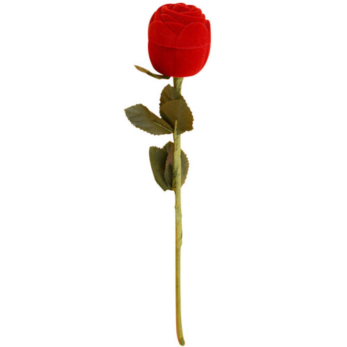 Caixa de anel em veludo vermelho com rosa e haste de 28 cm (11 polegadas).
