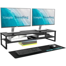 2 Tier Metal Dual Monitor Stand Riser,Computer Office Desktop Organizer for 2 Monitors With 32"x10" Mouse Pad,for Laptop,Printer,TV,Black