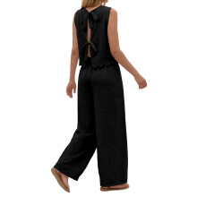Women's Two Piece Sets With Back Tie Bow Top And Wide-Black XXL