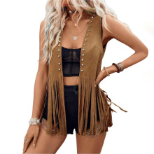 Women Fringe Vest Tops Vintage Western Open Front-brown L