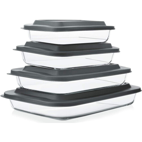 8-Pc Deep Glass Baking Dish Set with Plastic Lids, Rectangular Bakeware for Lasagna, Freezer-to-Oven & Dishwasher Safe, Gray